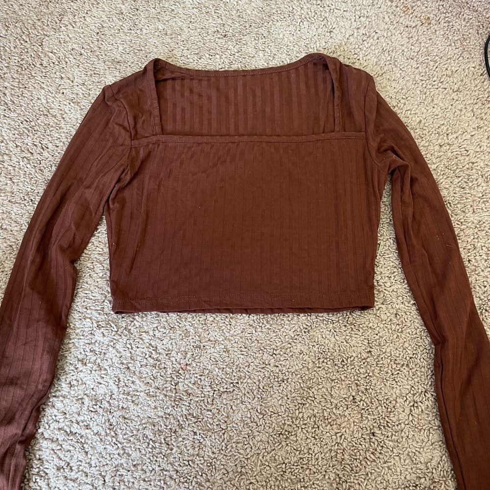 brown square neck fitted long sleeve